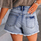 Beau Blue Pearl Studded Pockets Raw Hem Denim Shorts