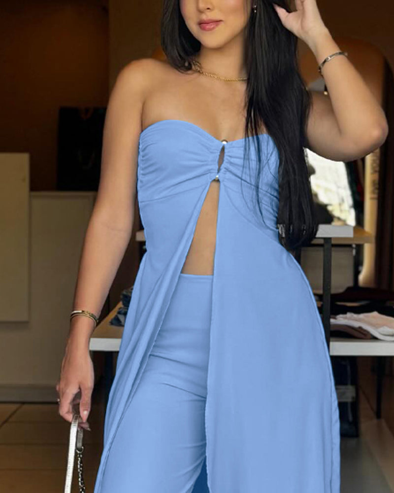 2 Pieces Outfit Bandeau high Slit Shirred Top and Straight Leg Casual pants Set