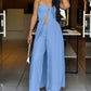 2 Pieces Outfit Bandeau high Slit Shirred Top and Straight Leg Casual pants Set