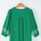Green Contrast Floral Embroidered 3/4 Sleeve Notched V Neck Elegant Blouse