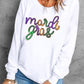 White Sequined mardi gras Graphic Crew Neck Drop Shoulder Sweatshirt