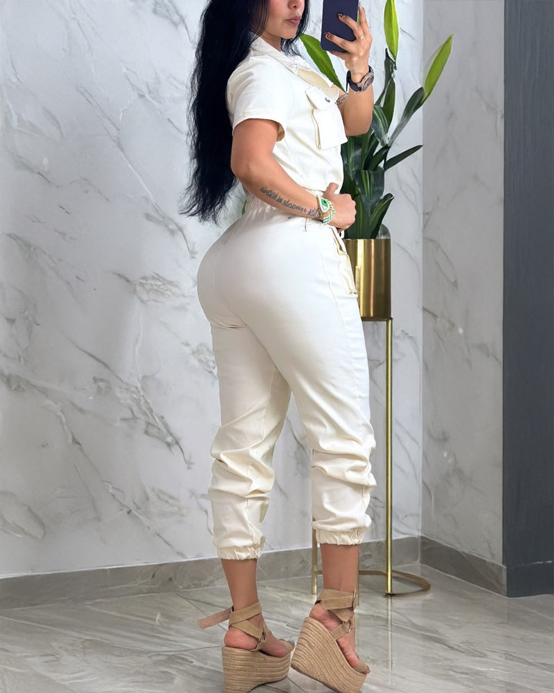 Turn down Collar Short Sleeve Overalls Drawstring Waist Casual Slim Fit Cargo Jumpsuit With Pockets