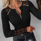 Contrast Lace Beaded Round Neck Long Sleeve Front Zipper Knit Pullover Casual Top