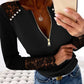 Contrast Lace Beaded Round Neck Long Sleeve Front Zipper Knit Pullover Casual Top
