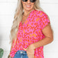 Pink Leopard V Neck Short Sleeve Blouse