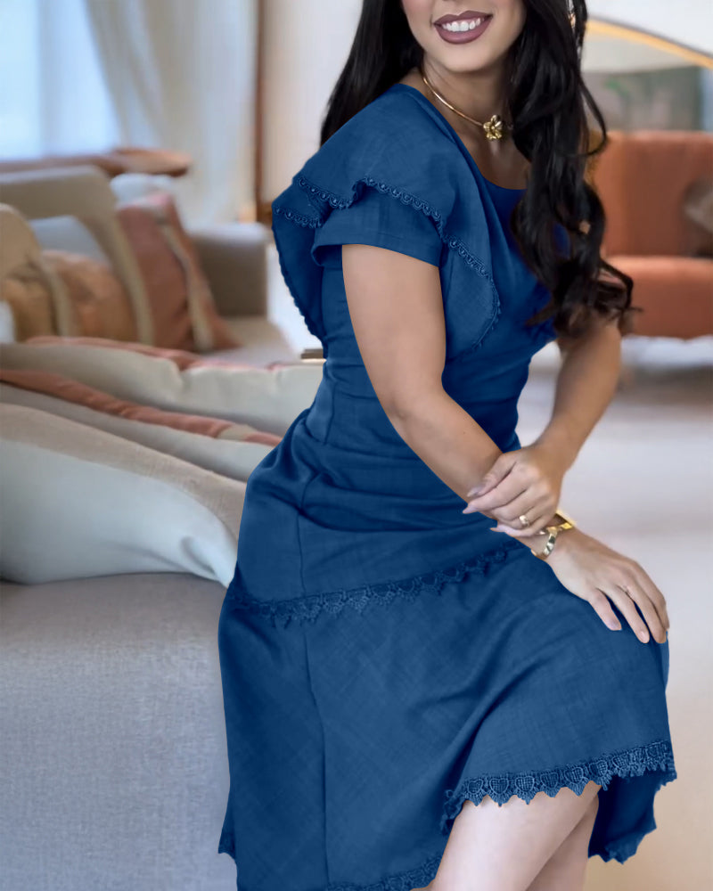 Butterfly Sleeve Hollow out Back Shirred Work Dress Casual Cinched Waist Lace Trim Ruffle Hem Dress