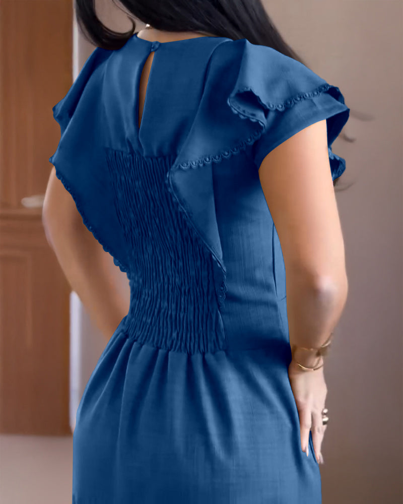 Butterfly Sleeve Hollow out Back Shirred Work Dress Casual Cinched Waist Lace Trim Ruffle Hem Dress