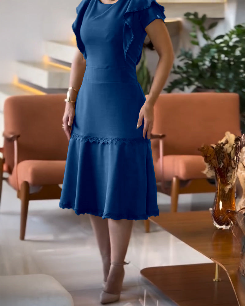 Butterfly Sleeve Hollow out Back Shirred Work Dress Casual Cinched Waist Lace Trim Ruffle Hem Dress