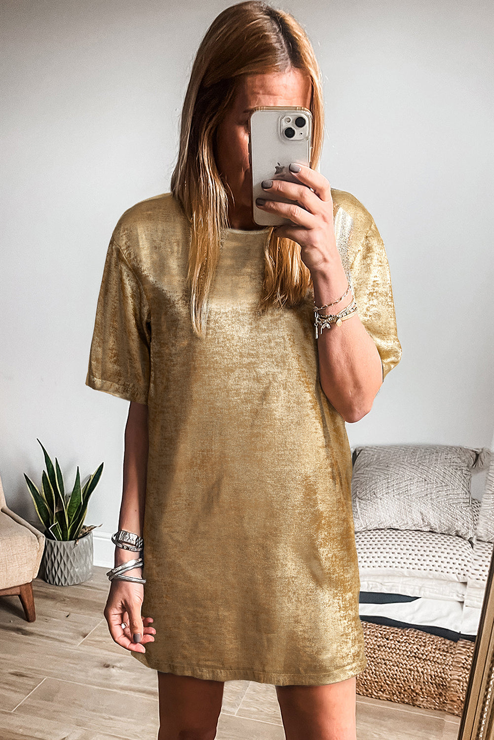 Gold Metallic Luster Crewneck Mini T-Shirt Dress