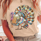 Khaki Heat Transfer Printing Thanksgiving Turkey Print Round Neck T Shirt