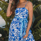 Blue Floral Printed Spaghetti Strap Maxi Dress with Waist Tie