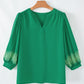 Green Contrast Floral Embroidered 3/4 Sleeve Notched V Neck Elegant Blouse