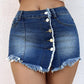 Button Front Pocket Design Denim Skirt Casual Asymmetrical Tassel Decor Split Skirt