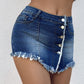 Button Front Pocket Design Denim Skirt Casual Asymmetrical Tassel Decor Split Skirt