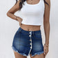 Button Front Pocket Design Denim Skirt Casual Asymmetrical Tassel Decor Split Skirt