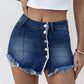 Button Front Pocket Design Denim Skirt Casual Asymmetrical Tassel Decor Split Skirt