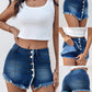 Button Front Pocket Design Denim Skirt Casual Asymmetrical Tassel Decor Split Skirt