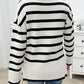 Striped V Neck Long Sleeve Side Slit Knit Sweater