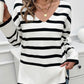 Striped V Neck Long Sleeve Side Slit Knit Sweater
