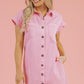 Pink Short Sleeve Double Chest Pocket Denim Shirt Dress