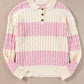 Pink Stripe Cable Knit Collared Henley Sweater