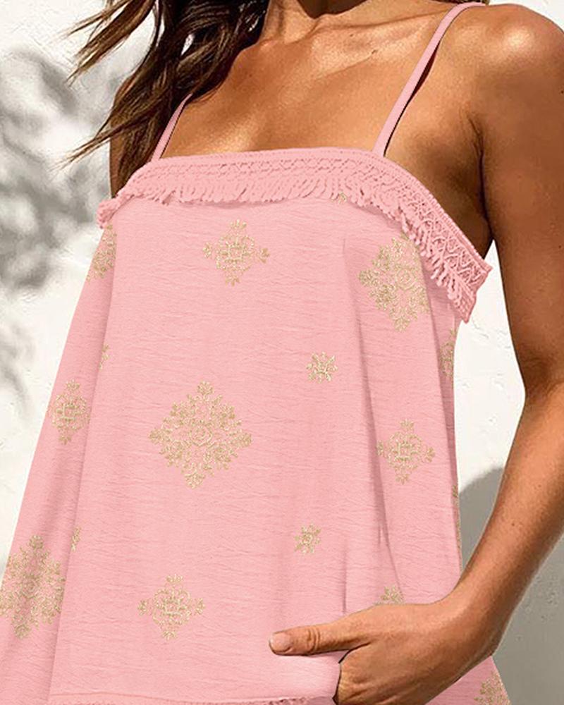 2 Piece Geometric Embroidery Spaghetti Strap Tassel Design Square Neck Top Casual Shorts Set