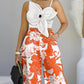 2 Pieces Outfit 3D Flower Decor Asymmetrical Neck Spaghetti Strap Top and Casual Floral Print Wide Leg Pants Set