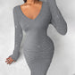 V Neck Long Sleeve Rhinestone Decor Ribbed Bodycon Dress