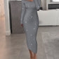 V Neck Long Sleeve Rhinestone Decor Ribbed Bodycon Dress