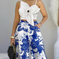 2 Pieces Outfit 3D Flower Decor Asymmetrical Neck Spaghetti Strap Top and Casual Floral Print Wide Leg Pants Set