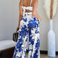 2 Pieces Outfit 3D Flower Decor Asymmetrical Neck Spaghetti Strap Top and Casual Floral Print Wide Leg Pants Set