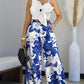 2 Pieces Outfit 3D Flower Decor Asymmetrical Neck Spaghetti Strap Top and Casual Floral Print Wide Leg Pants Set
