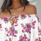 Floral Print Off Shoulder Eyelet Embroidery Blouse Three Quarter Sleeve Tied Detail Top