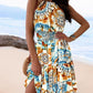 Tie Dye Print Sleeveless Halter A Line Backless Shirred Ruffles Hem Mini Dress Vacation Dress