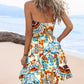 Tie Dye Print Sleeveless Halter A Line Backless Shirred Ruffles Hem Mini Dress Vacation Dress