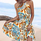 Tie Dye Print Sleeveless Halter A Line Backless Shirred Ruffles Hem Mini Dress Vacation Dress