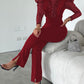 Elegant Mesh See Through Long Sleeve Jumpsuits Contrast Lace Sequin Patch Casual Overalls