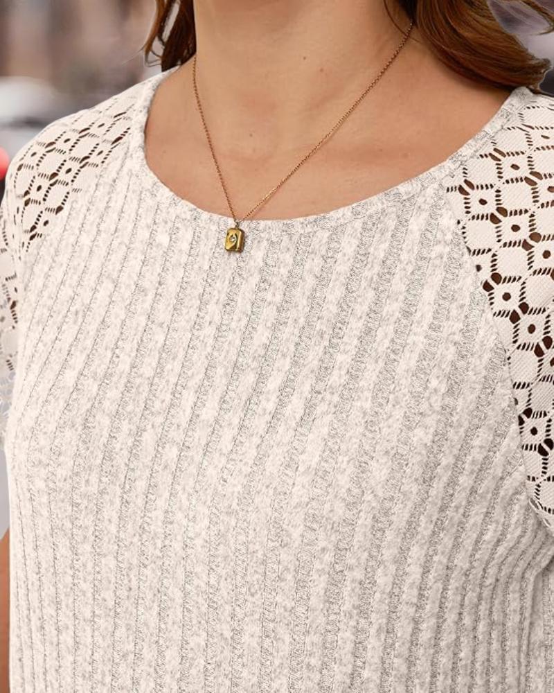 Contrast Lace Round Neck Short Sleeve T Shirt Casual Knit Business Top
