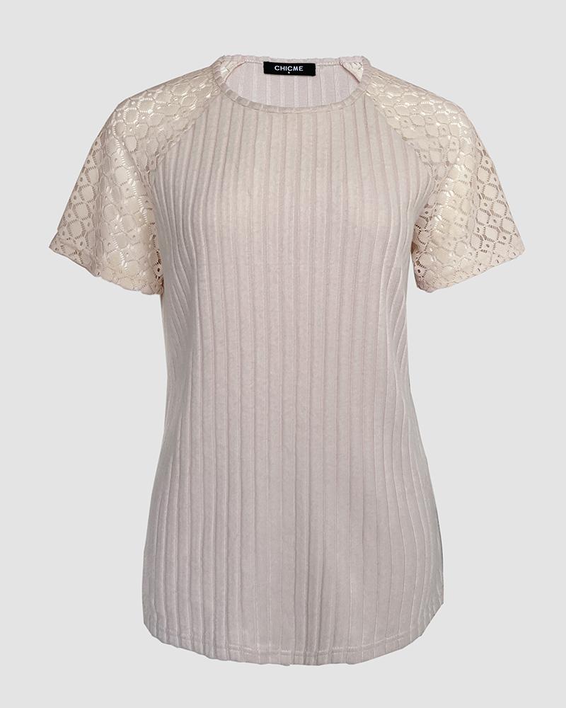 Contrast Lace Round Neck Short Sleeve T Shirt Casual Knit Business Top