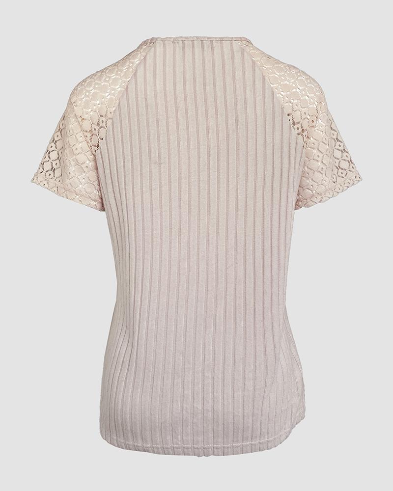 Contrast Lace Round Neck Short Sleeve T Shirt Casual Knit Business Top