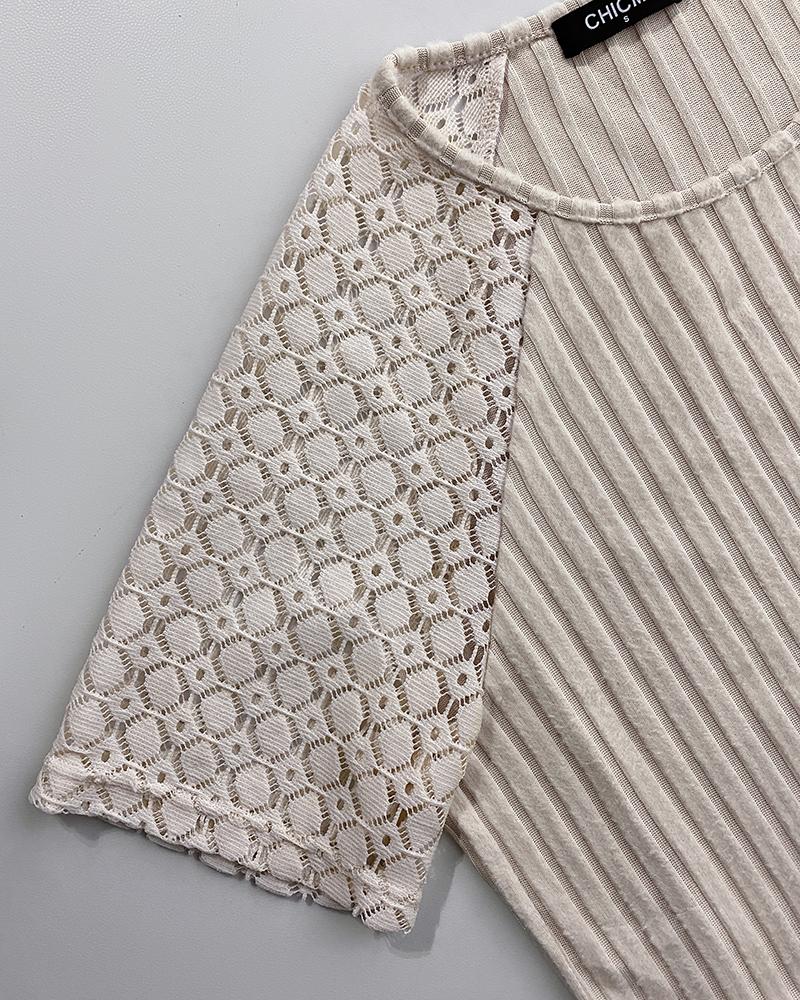 Contrast Lace Round Neck Short Sleeve T Shirt Casual Knit Business Top