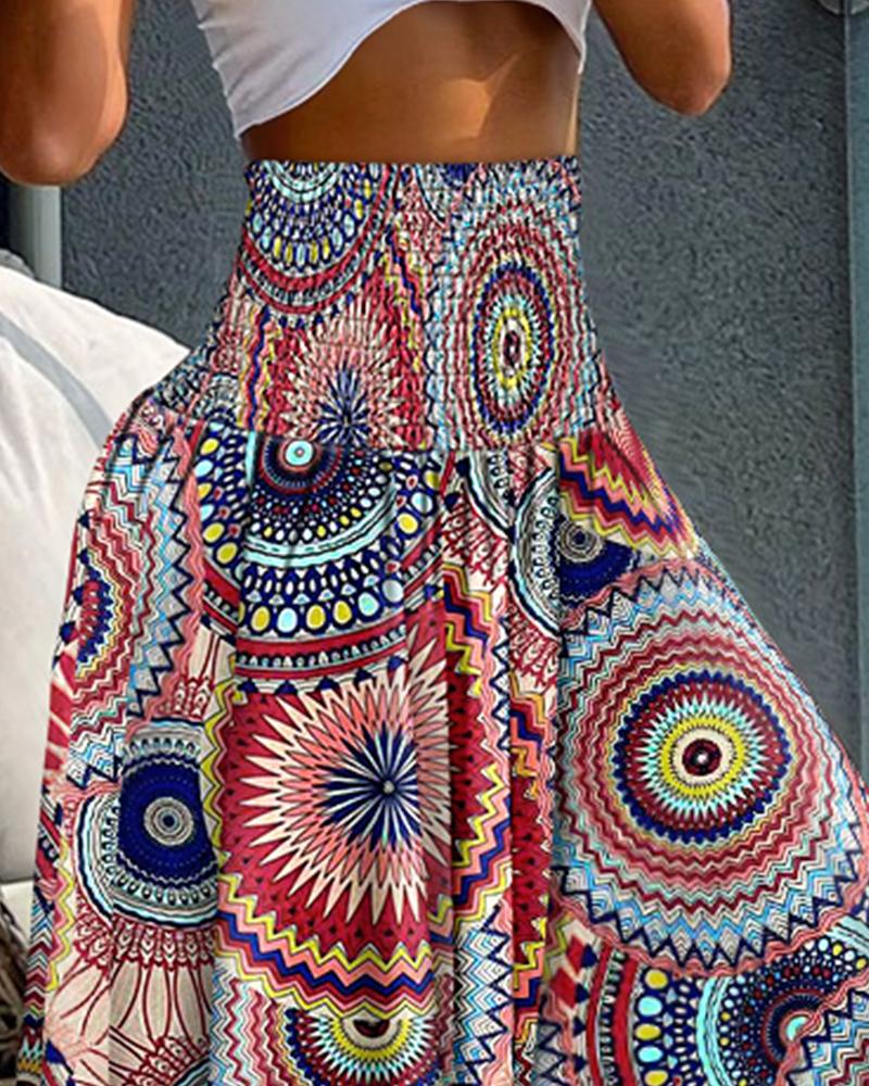 Tribal Print Shirred Wide Leg Pants