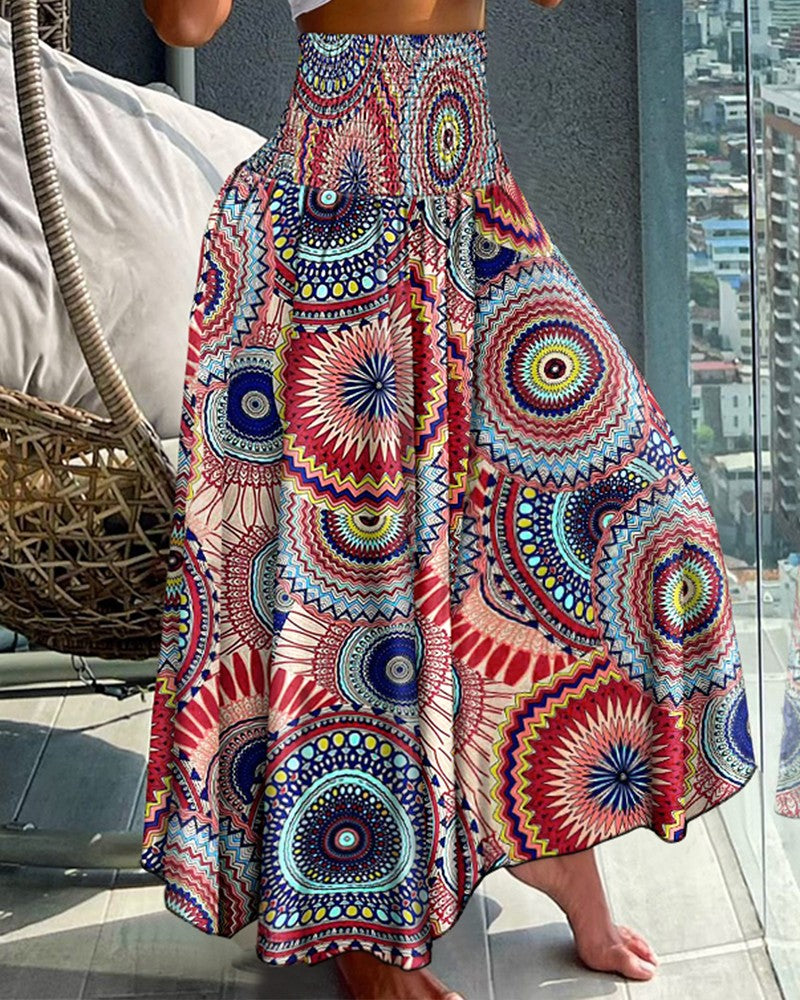 Tribal Print Shirred Wide Leg Pants