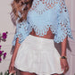 2 Pieces Outfit Lace Hollow Out Bell Sleeve Crop Top and Casual Slim Fit Straight Leg Pants Set