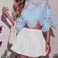 2 Pieces Outfit Lace Hollow Out Bell Sleeve Crop Top and Casual Slim Fit Straight Leg Pants Set