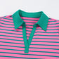 Rose Stripe Collared V Neck Puff Sleeve Shift T Shirt Dress with Pockets