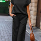 Black Solid Color Textured Short Sleeve Top and Casual Pants Set