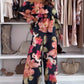 2 Pieces Outfit Floral Print Off Shoulder Bell Sleeve Ruffles Top and Casual Elastic Back Waist Wide Leg Pants Set