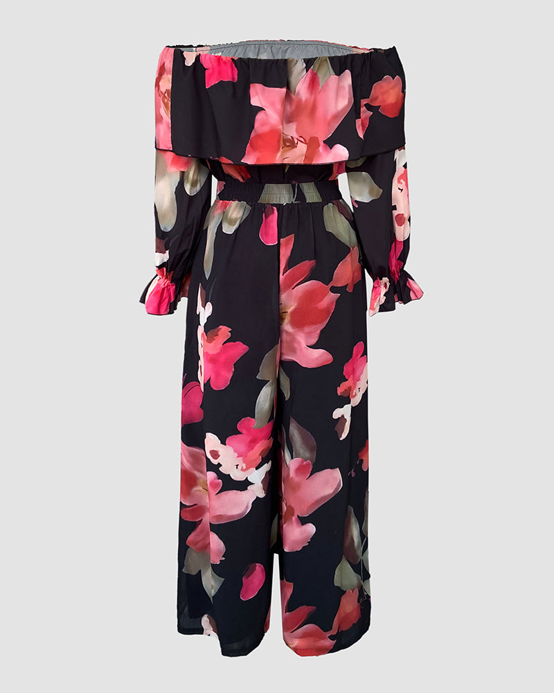 2 Pieces Outfit Floral Print Off Shoulder Bell Sleeve Ruffles Top and Casual Elastic Back Waist Wide Leg Pants Set