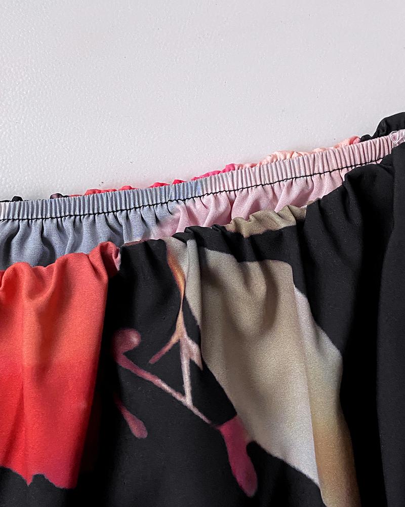 2 Pieces Outfit Floral Print Off Shoulder Bell Sleeve Ruffles Top and Casual Elastic Back Waist Wide Leg Pants Set